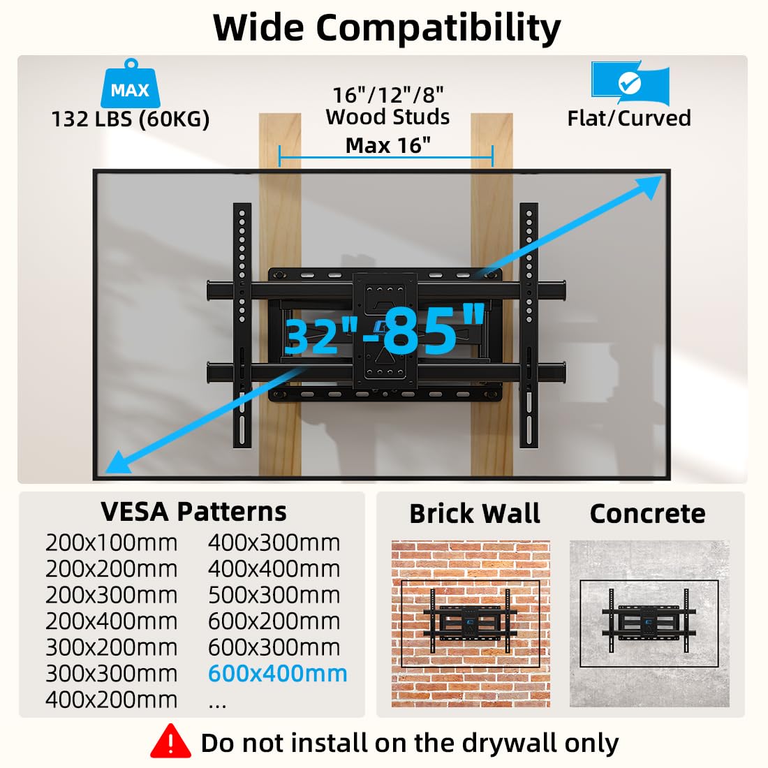 HOME VISION Full Motion TV Wall Mount with Soundbar Bracket for 32-85 Inch Flat/Curved TVs, Dual Articulating Arms Swivel Tilt Level, Max VESA 600x400mm, Fits 16" Studs, Holds up to 132lbs