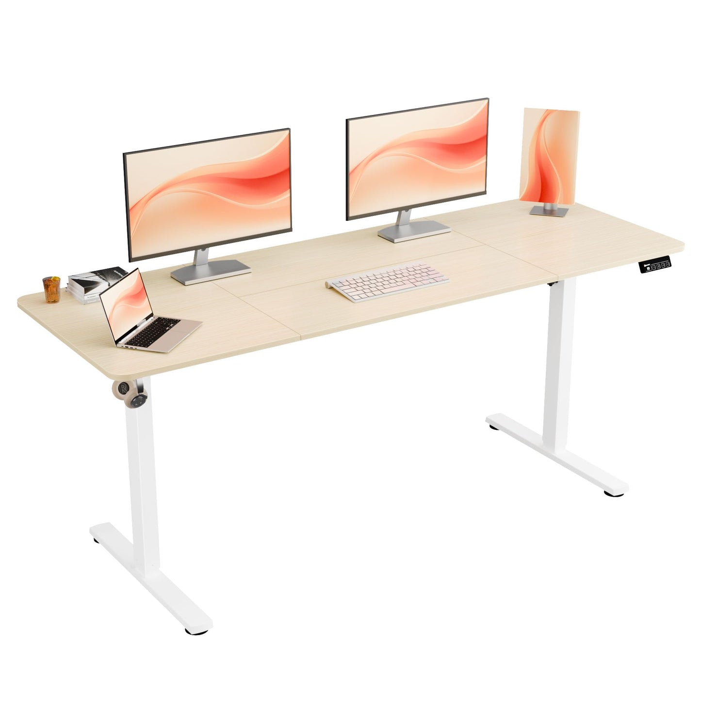 ERGOMAKER Electric Standing Desk, 67" x 23.6" Height Adjustable Sit Stand Desk with Splice Board for Home Office, Computer Desk Memory Preset (White Frame, Gold Oak Desktop)