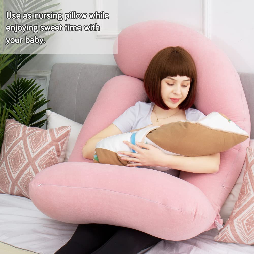 AS AWESLING 60in Full Body Pillow | Nursing, Maternity and Pregnancy Pillow | Extra Large U Shape Pillows with Detachable Side, Separate Support Pillow and Removable Cover Velvet (Light Pink)
