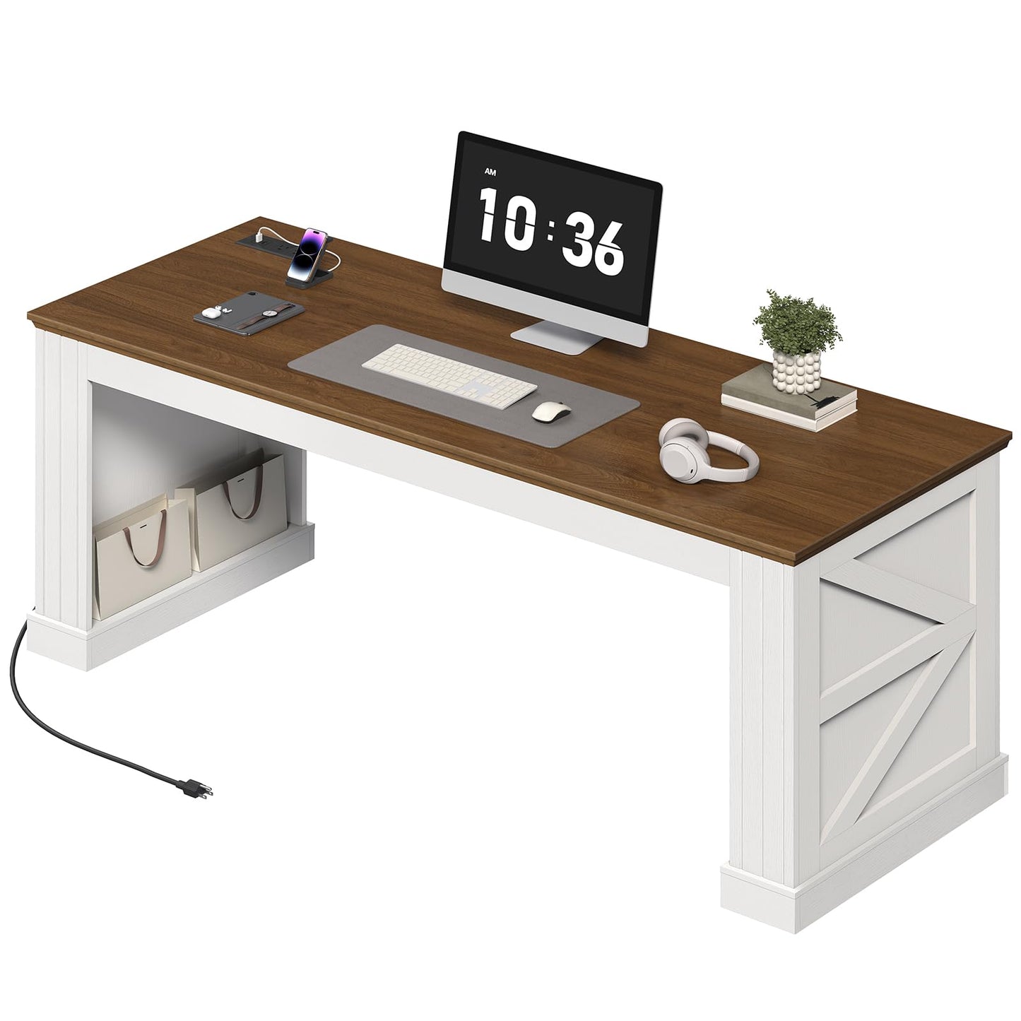 STHYTON 63-Inch Farmhouse Executive Desk, Long Computer Desk with Built-in Charging Station & Bottom Storage, Home Office Writing Study Desk for Bedroom, Living Room, White and Walnut