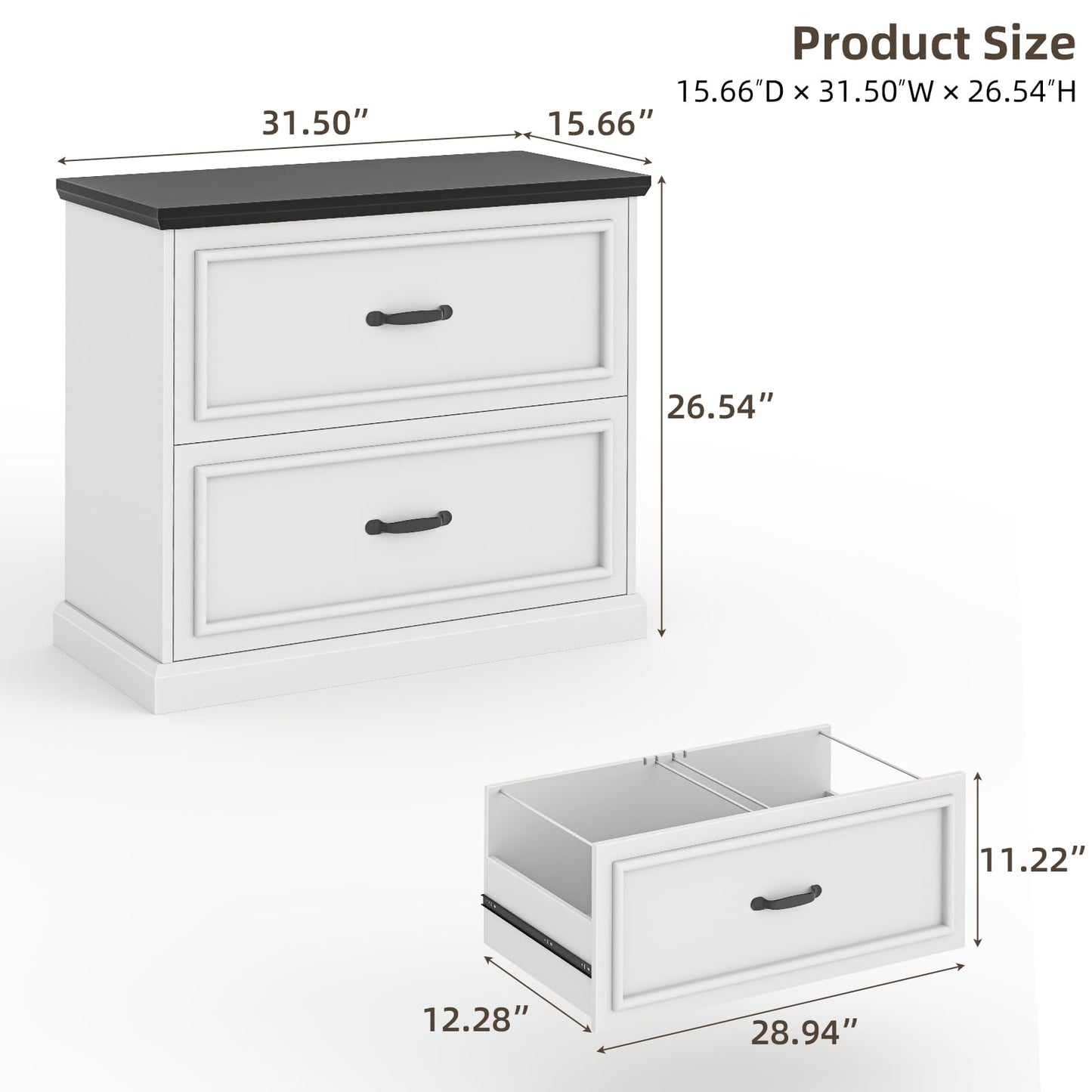 Halitaa 2 Drawer File Cabinet, Farmhouse Lateral Filing Cabinet for Letter/A4/Legal Size Hanging Files, Large Wood File Storage Cabinets Printer Stand for Home Office, White and Black