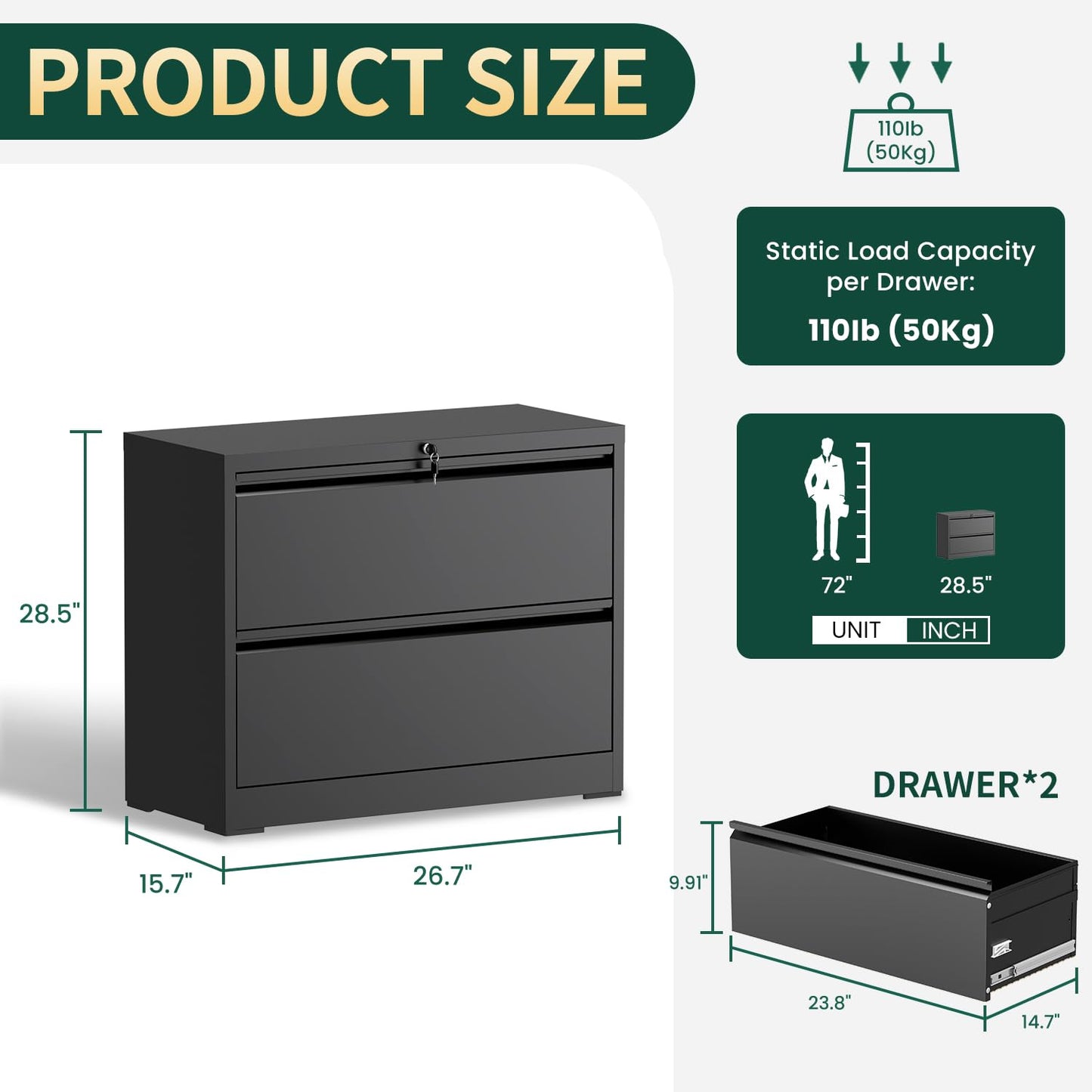 2 Drawer Lateral File Cabinet with Lock, 26.7"W File Cabinets for Home Office, Office Furniture for Organization Hanging Legal/Letter/A4, Metal Filing Cabinet Storage Cabinet, Require Assembly, Black