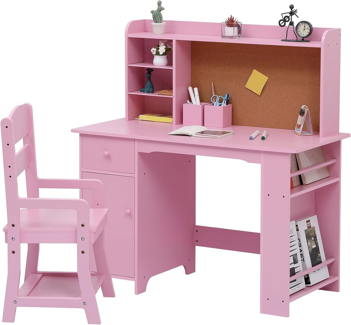 Kids Desk and Chair Set, Study Desk and Chair Set,Wooden Study Desk with Bookshelf, Bulletin Board, Cabinet & Drawer,Pink Children’s Writing Table