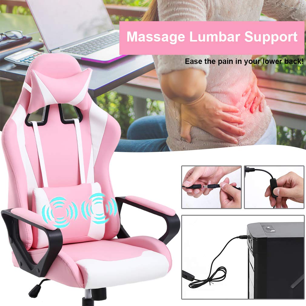 Ergonomic High-Back PU Leather Executive Office Gaming Chair with Massage Function, Adjustable Reclining Design, Lumbar Support, Headrest Pillow, Armrests Modern Racing Style Desk Chair (Pink)