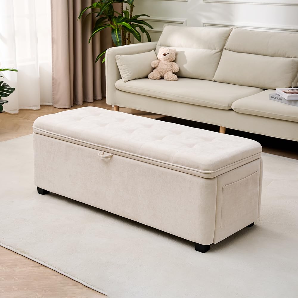 2BYF 45" Storage Ottoman Bench, Tufted Ottoman with Storage for Living Room, Large End of Bed Ottomans, Modern Entryway Benchs, Window & Bedroom Benches for Foot of Bed (Ivory)