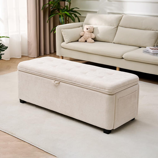 2BYF 45" Storage Ottoman Bench, Tufted Ottoman with Storage for Living Room, Large End of Bed Ottomans, Modern Entryway Benchs, Window & Bedroom Benches for Foot of Bed (Ivory)