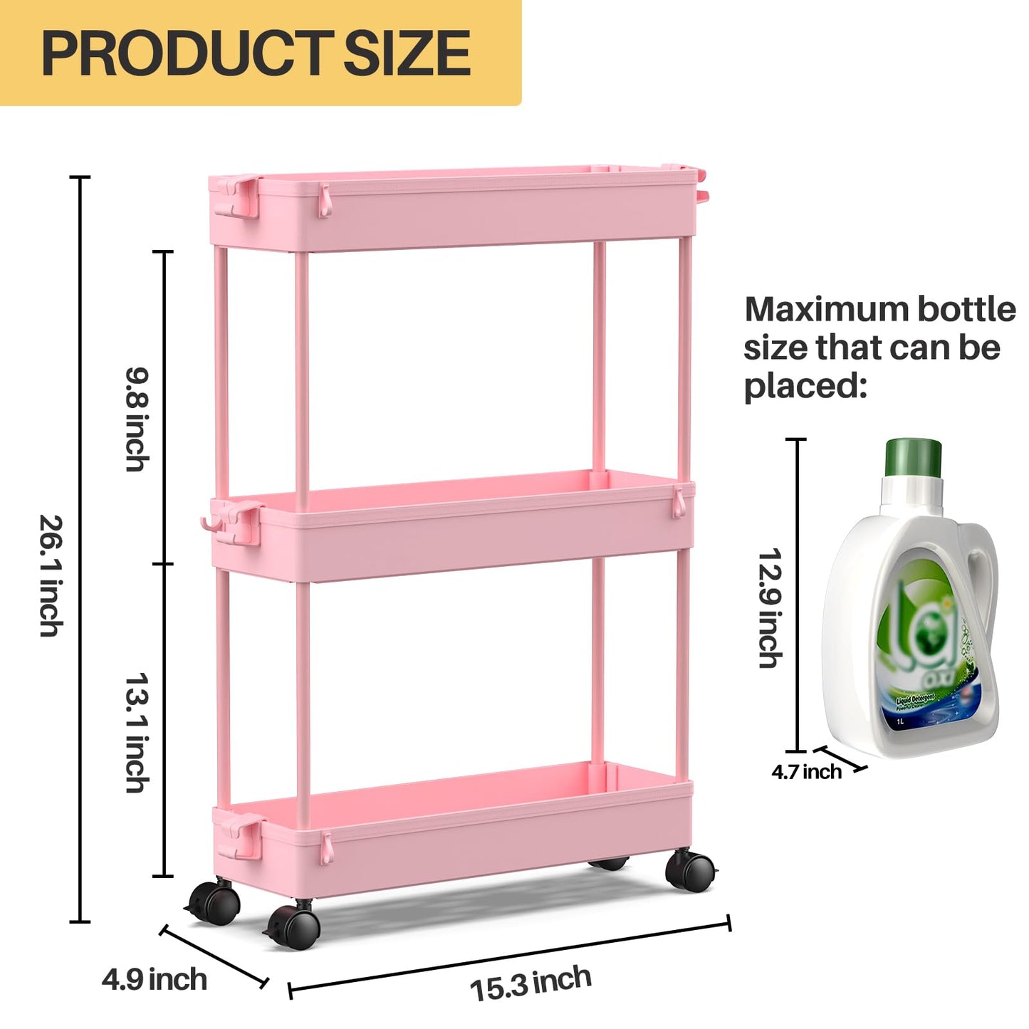 SPACEKEEPER Slim Rolling Storage Cart, 3 Tier Bathroom Organizer Utility Cart Laundry Room Organization Mobile Shelving Unit for Kitchen, Bathroom, Office, Bedroom, Narrow Places, Pink