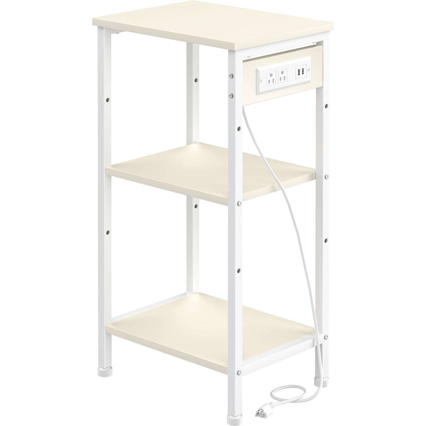 Asgolion Tall End Table with Charging Station, 3 Tier Narrow Tall Nightstand with Storage, Slim Side Table for Bedroom, Living Room, Nursery, Office, Cream White