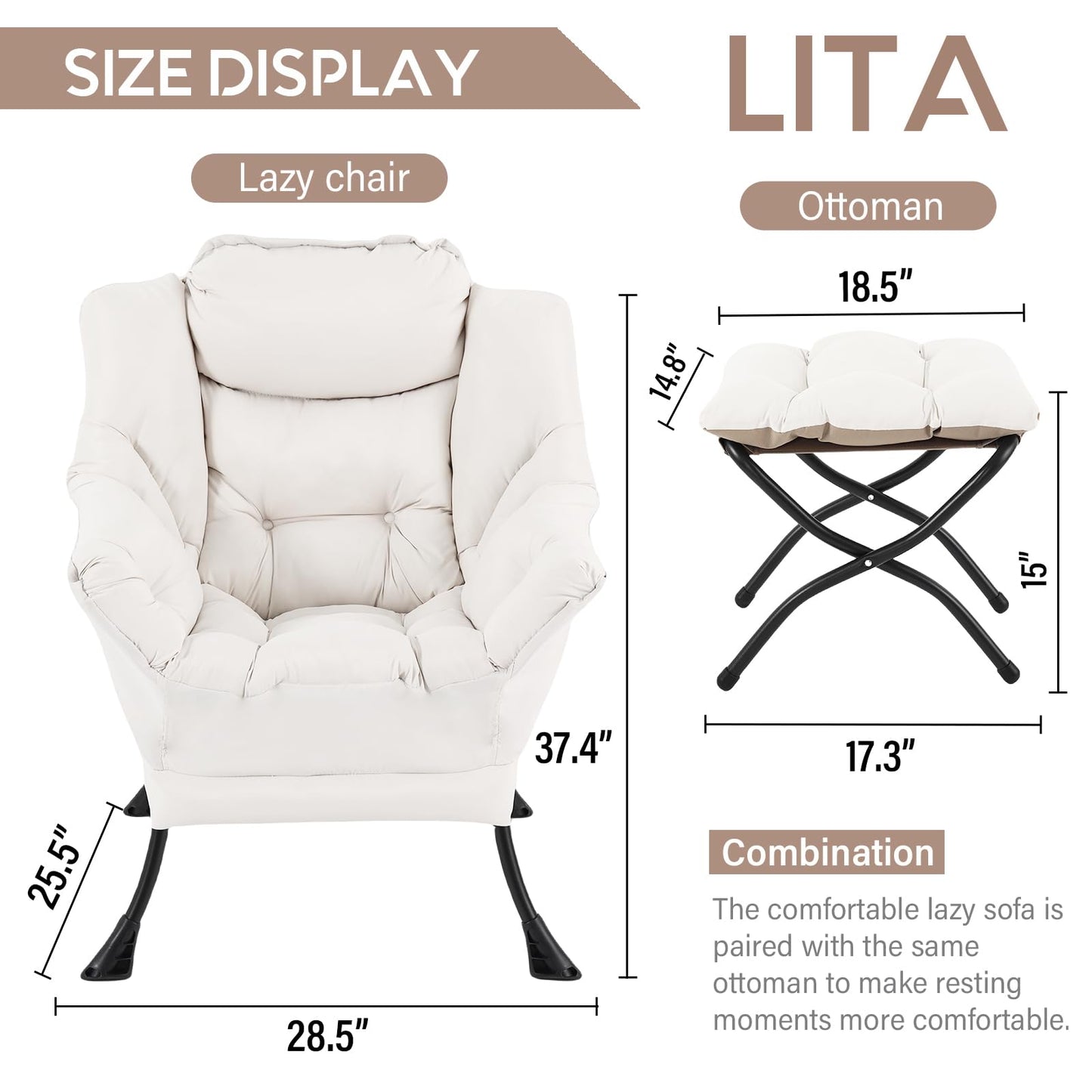 LITA Lazy Chair with Ottoman, Modern Accent Leisure Upholstered Sofa, Contemporary Lounge Reading Chair with Armrests and a Side Pocket for Living Room, Bedroom & Small Space, Beige