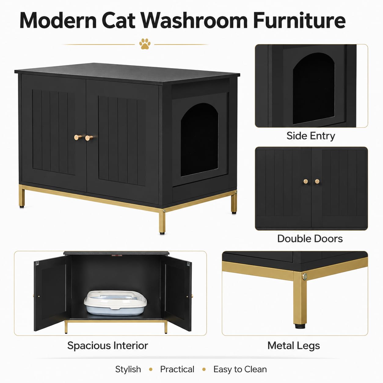 Homhedy Cat Litter Box Enclosure, Cat Washroom Furniture with Metal Frame, Pet House, Fit Most of Litter Box, Modern Style, Black and Gold
