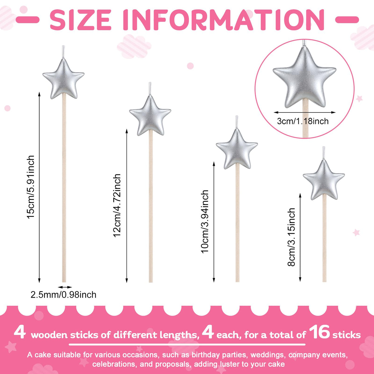 16 Pack Star Candles for Cake Birthday Star Shaped Sparkler Candles Stereo Cake Topper Decorations for Birthday Party Supplies(Silver)