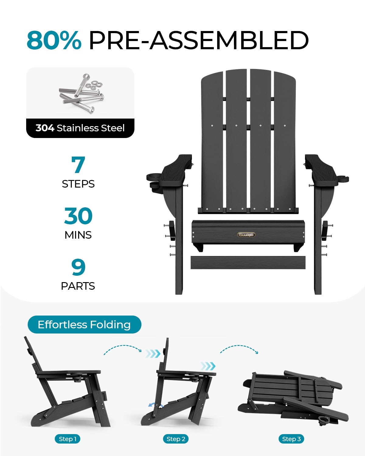 SUUNYN Folding Adirondack Chair, HDPE Adirondack Chairs with 2 Cup Holder, Plastic All-Weather Fire Pit Chairs, Outdoor Lawn Chair for Patio Garden (Black)
