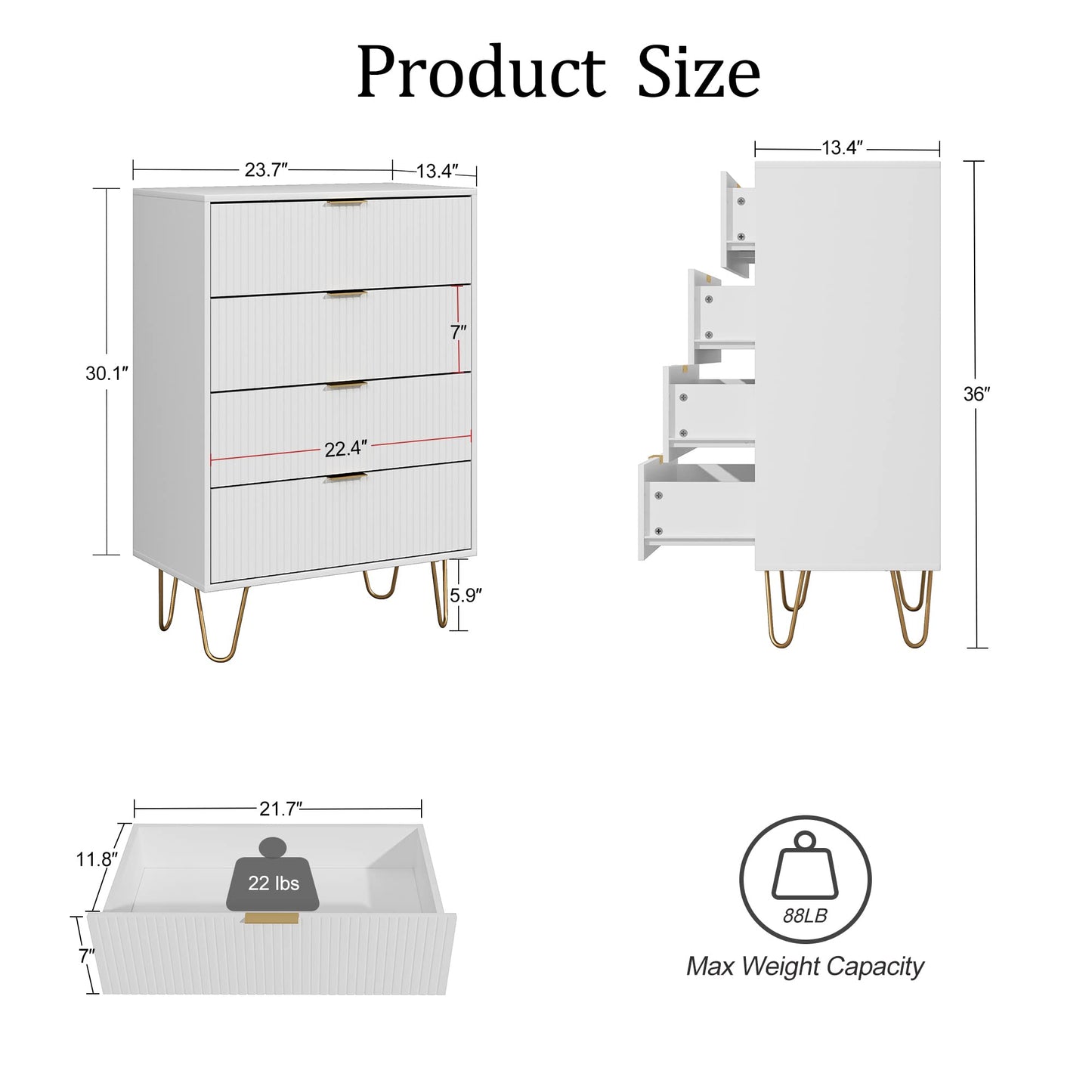 Masupu 4 Drawer Dresser, Drawer Chest, Tall Storage Chest Cabinet Organizer Unit with Metal Legs, Small Dresser for Bedroom, Living Room, Closet, Hallway White Stripe
