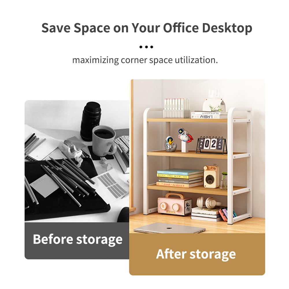 Office Desk Shelf Organizer, Wood Desktop Bookshelf Supplies Storage Rack, Shelf for Top of Desk and Dresser and Cubicle Decor Aesthetic Bookshelf (Black Wood, three Tier 19.69 Lx7.87 Wx22.05 H)