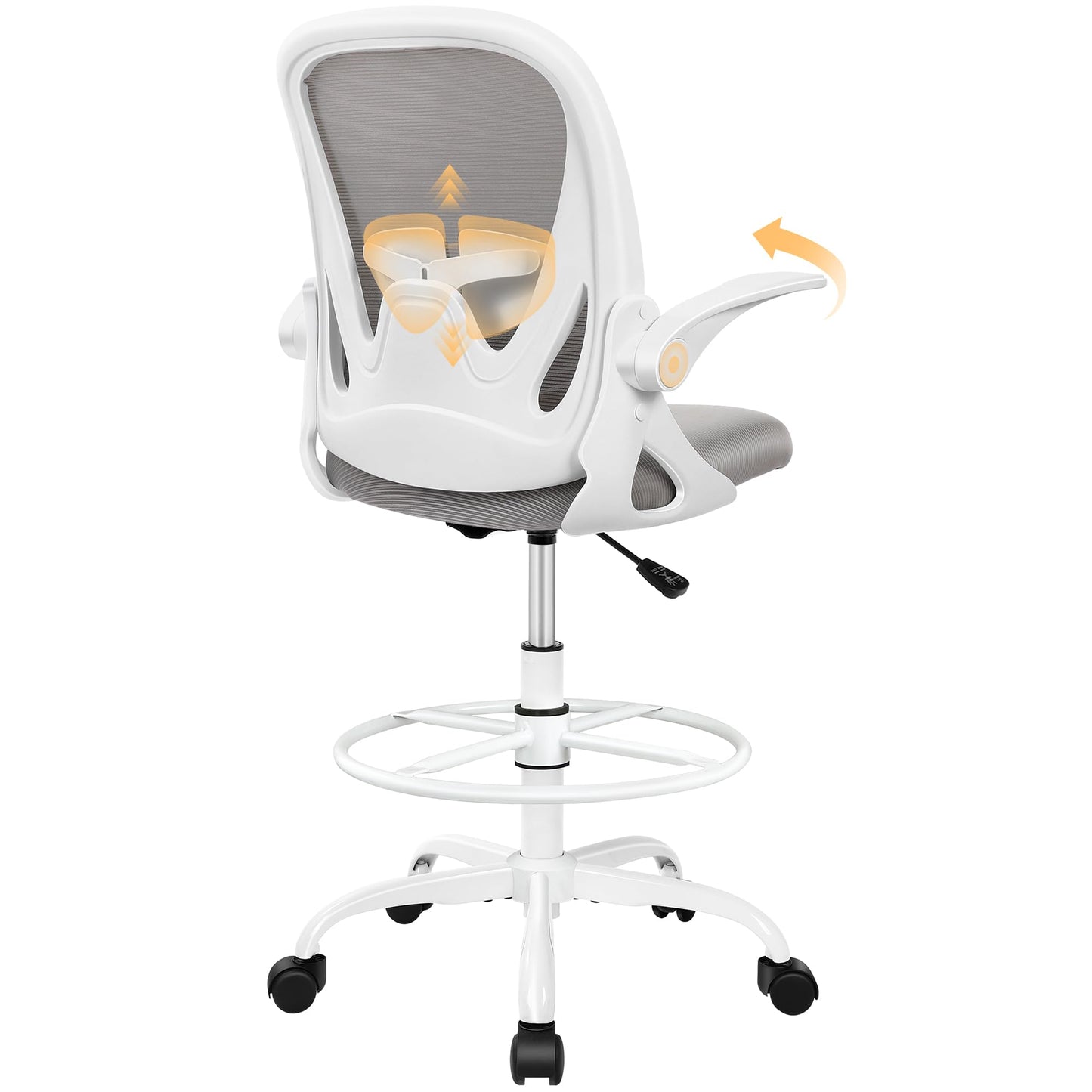 Ergonomic Drafting Chair with Flip-Up Armrests & Adjustable Footrest – Tall Office Chair for Standing Desks, Lumbar Support, Gray – Home & Office Comfort