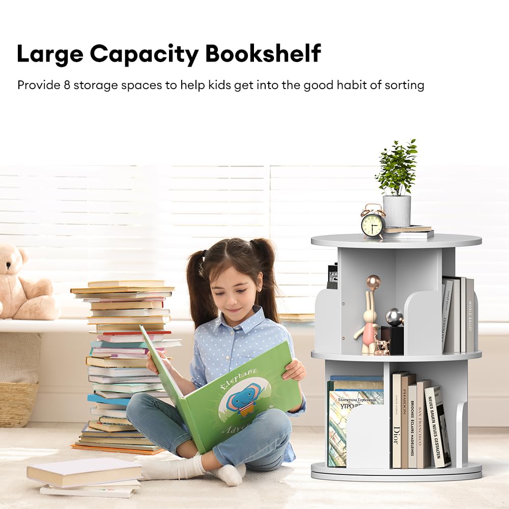 Nidouillet Rotating Bookshelf, Revolving Bookcase 360 Display Round Bookshelf, High-Density MDF Wood Narrow Swivel Corner Book Shelf Standing Bookcase for Adult Bedroom, Living Room (White, 2 Tier)