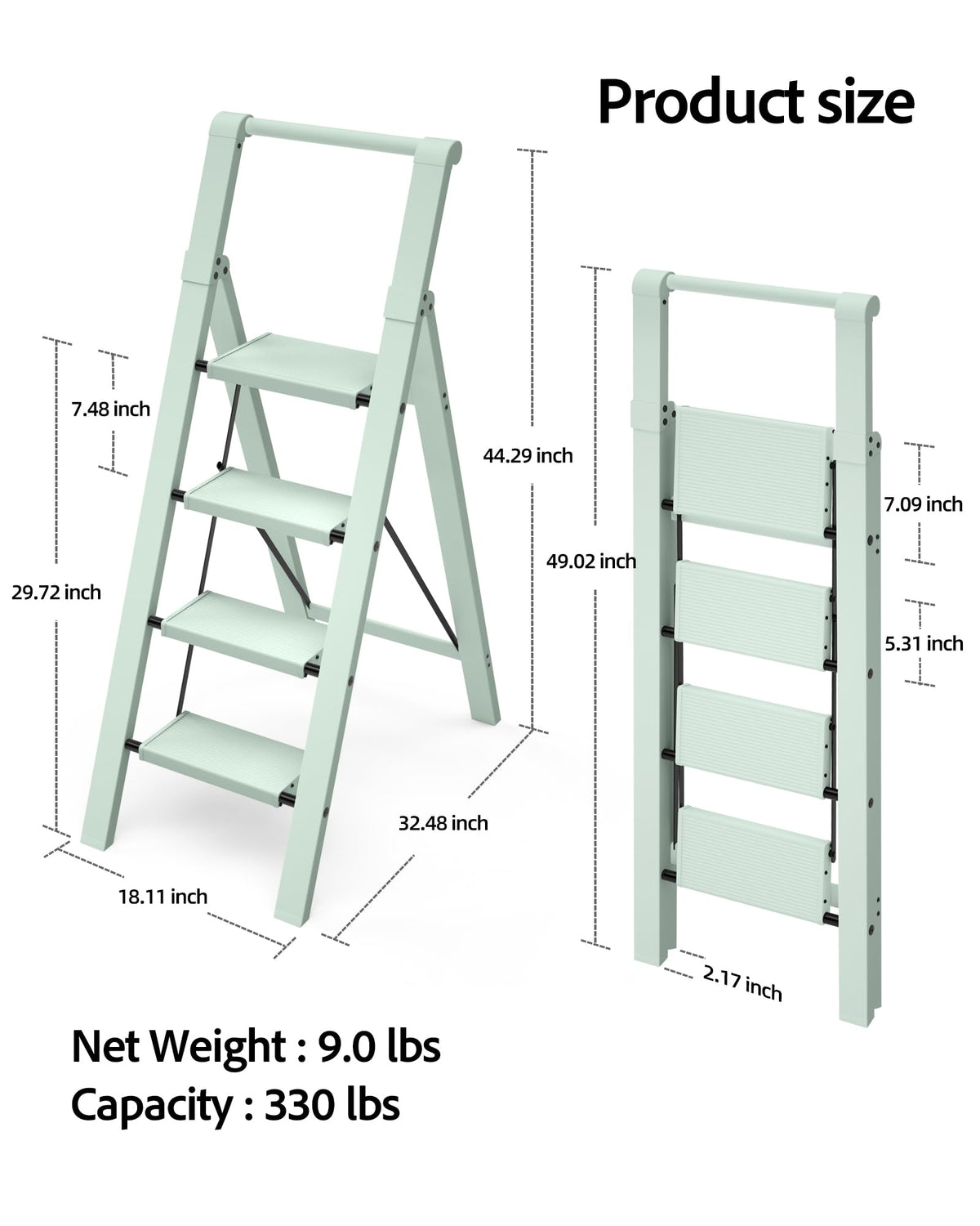 Taranta 4 Step Ladder, Lightweight Aluminum Step Stool with Convenient Handgrip, Folding Ladder with Anti-Slip Pedals, 330lbs Capacity Stepladder for Home, Office, Kitchen - Fairyland Green