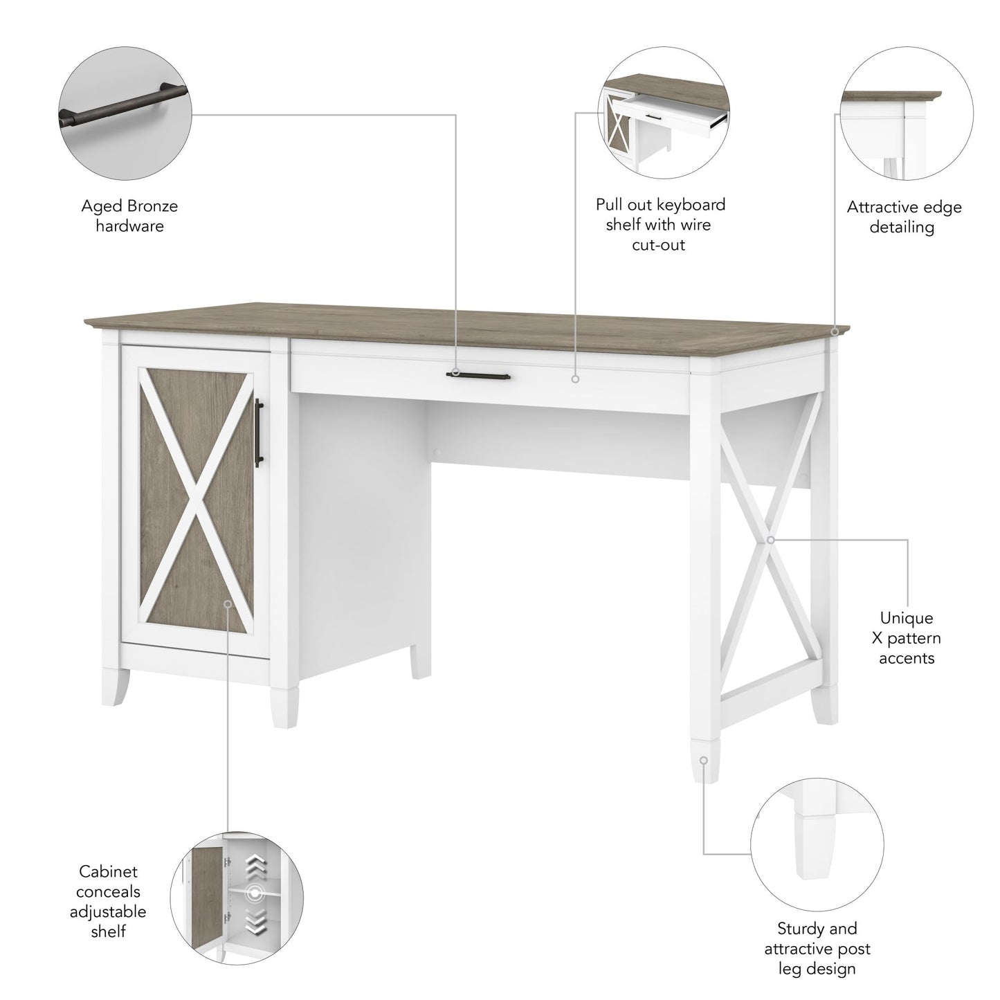 Bush Home Key West Computer Desk with Storage | Farmhouse PC Table for Home Office in Pure White and Shiplap Gray | 54W x 24D
