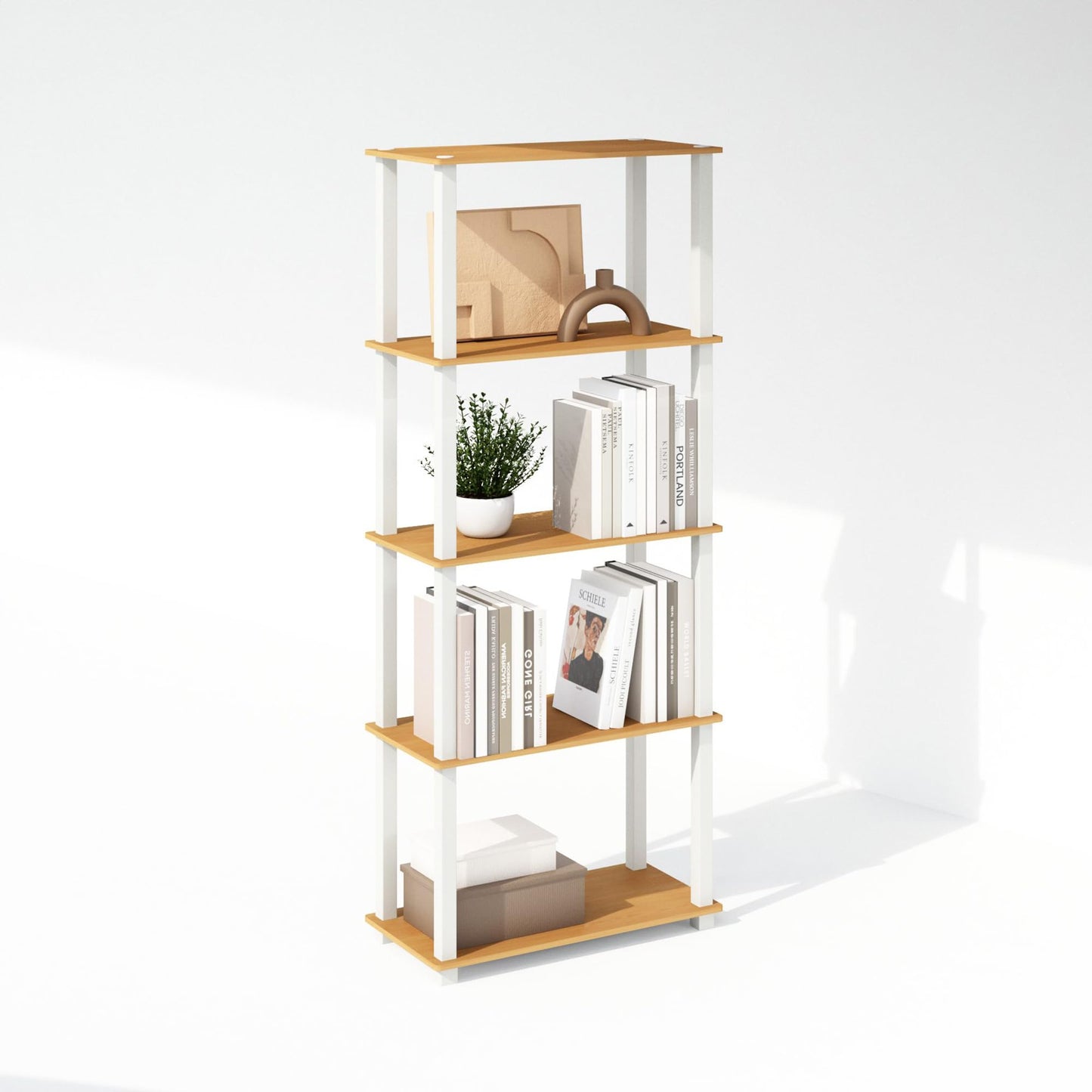Furinno Turn-S-Tube Storage Shelves Set of 2, 3-Tier Book Shelf, Corner Shelf, Toolless Open Shelves, Square Tubes, for Organization and Storage, Living Room, Garage, Home Office, Beech