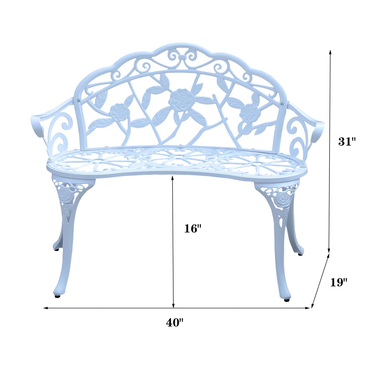 WILOUNGE Cast Aluminium Outdoor Bench, Rose Garden Bench for Patio,Park,Lawn,Yard (White)