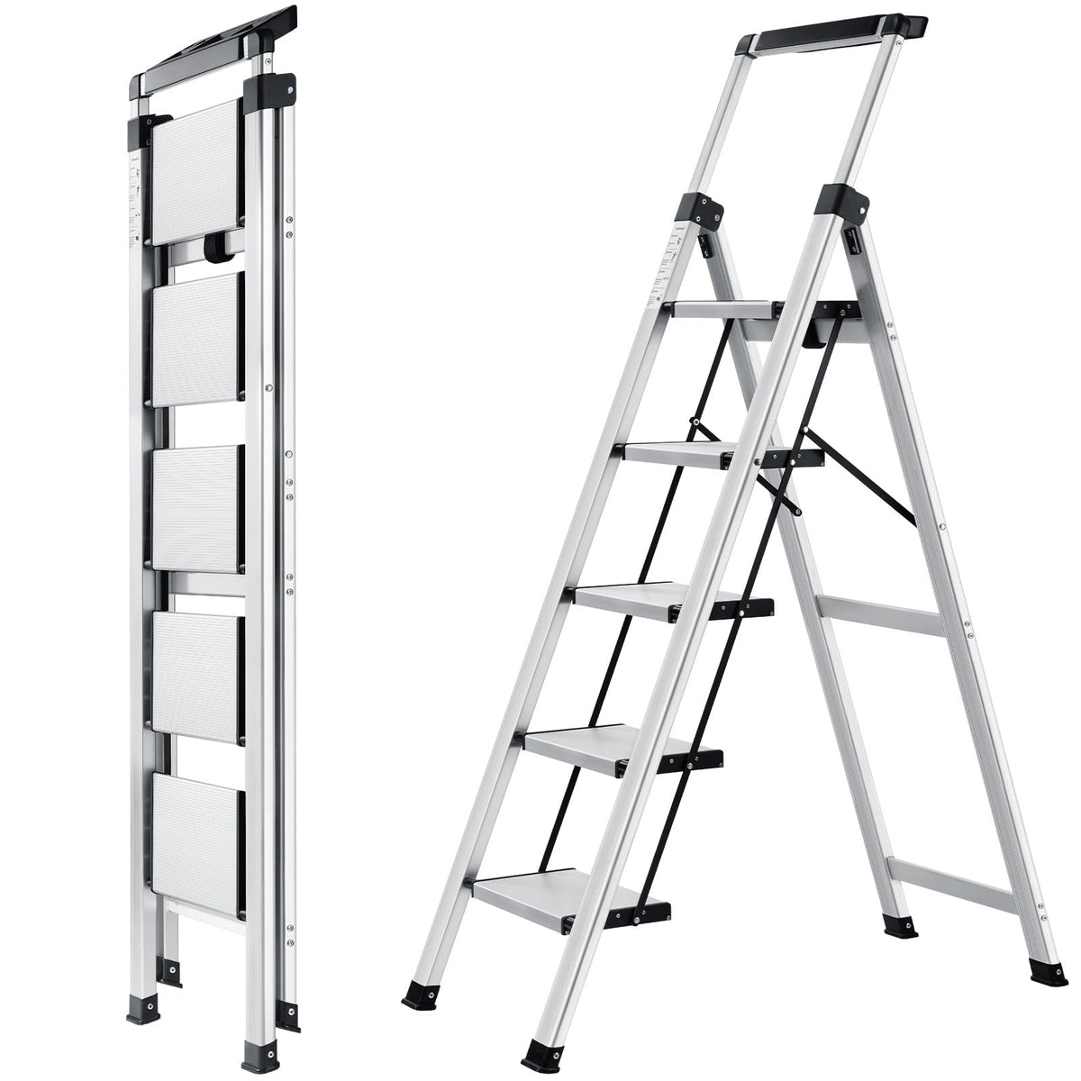 XinSunho 5 Step Ladder, Retractable Handgrip Folding Step Stool with Anti-Slip Wide Pedal, Aluminum Stool Ladders 5 Steps, 330lbs Safety Household Ladder