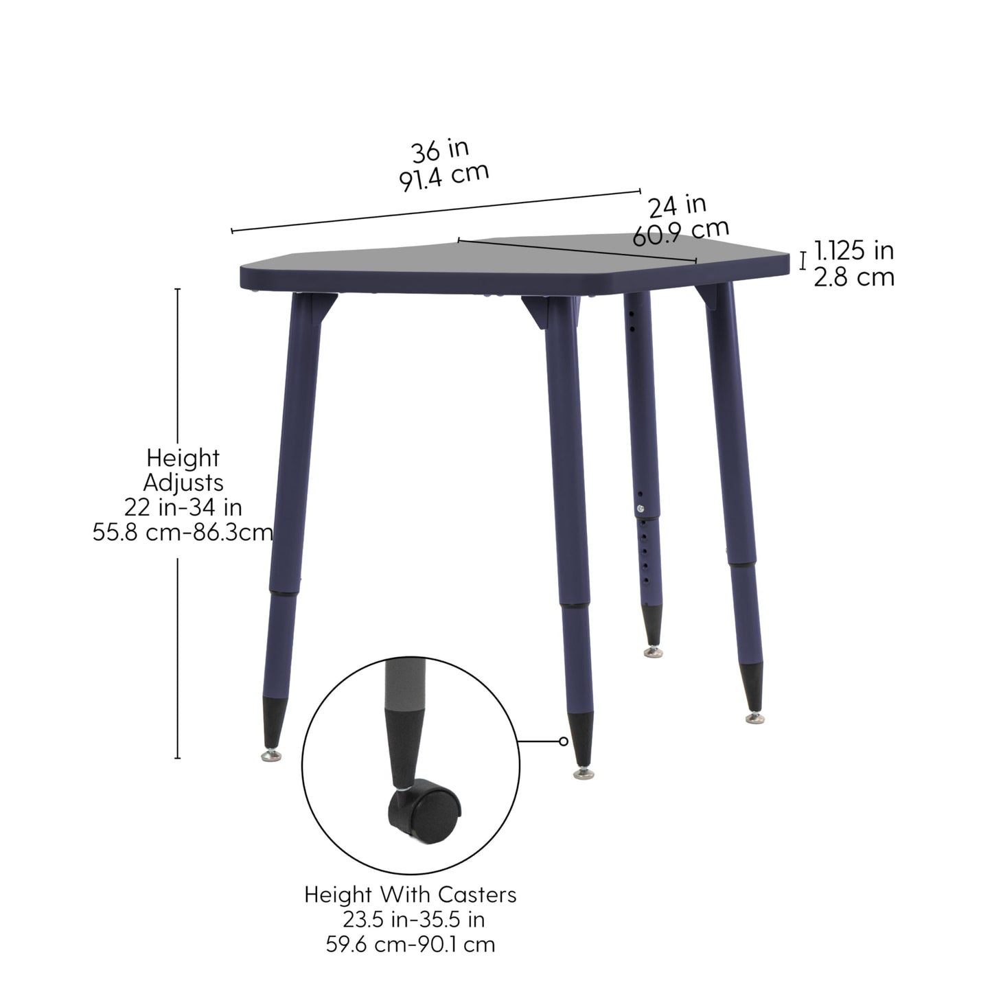 Adapte Commercial Classroom Activity Table - 24" x 36" Petal, ADA Compliant Tapered Legs with Glides & Casters, Adjustable Height 22-34" Wheelchair Accessible, School & Office Furniture