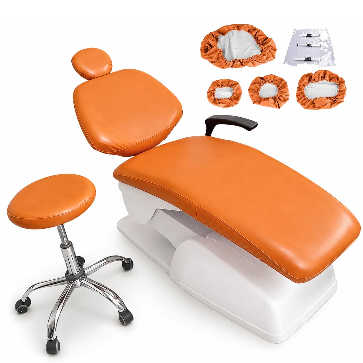buyzg 5Pcs Dental Chair Covers Set - Waterproof & Non-Slip PU Leather Elastic Full Covers with Foot, Seat, Headrest & Backrest Protectors for Dental Clinic Chairs(Orange)