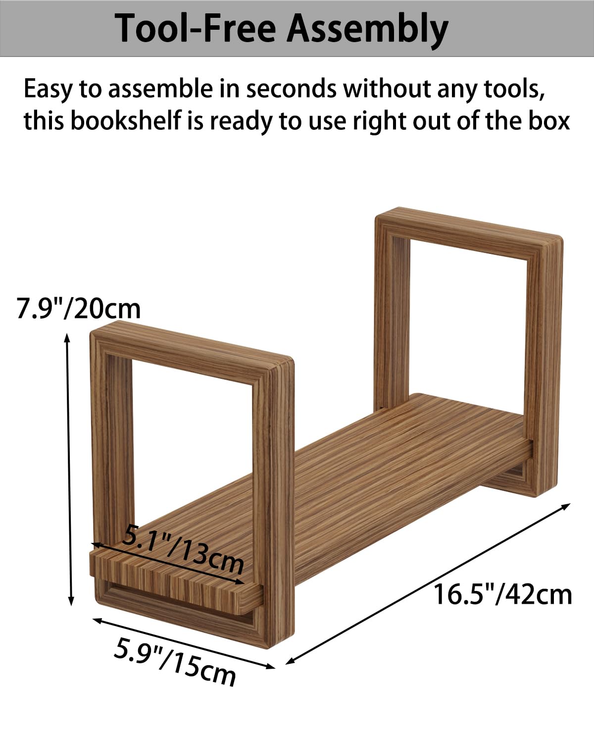 100% Solid Wood Adjustable Desktop Bookshelf, Retro Tabletop Bookshelf, Desk Shelf Holder for Living Room, Home, Office, Perfect for Magazine, Books, Cookbooks, No Tools Required to Assemble (Brown)