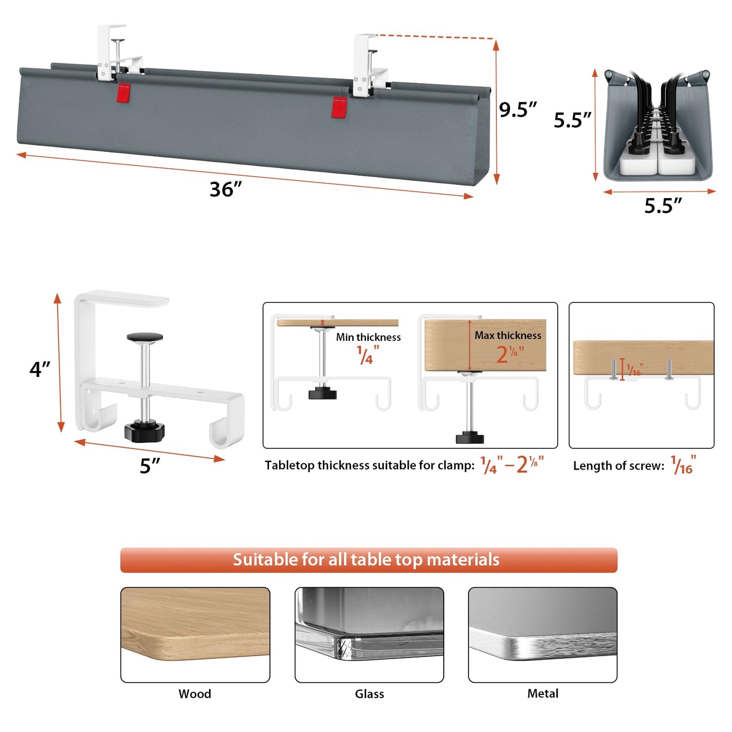 Univivi No Drill Under Desk Cable Management Tray, 36" Cord Organizer for Table, Clamp/Screw Mount Desk Cable Management, Premium Fabric Cable Management Tray for Office, Home