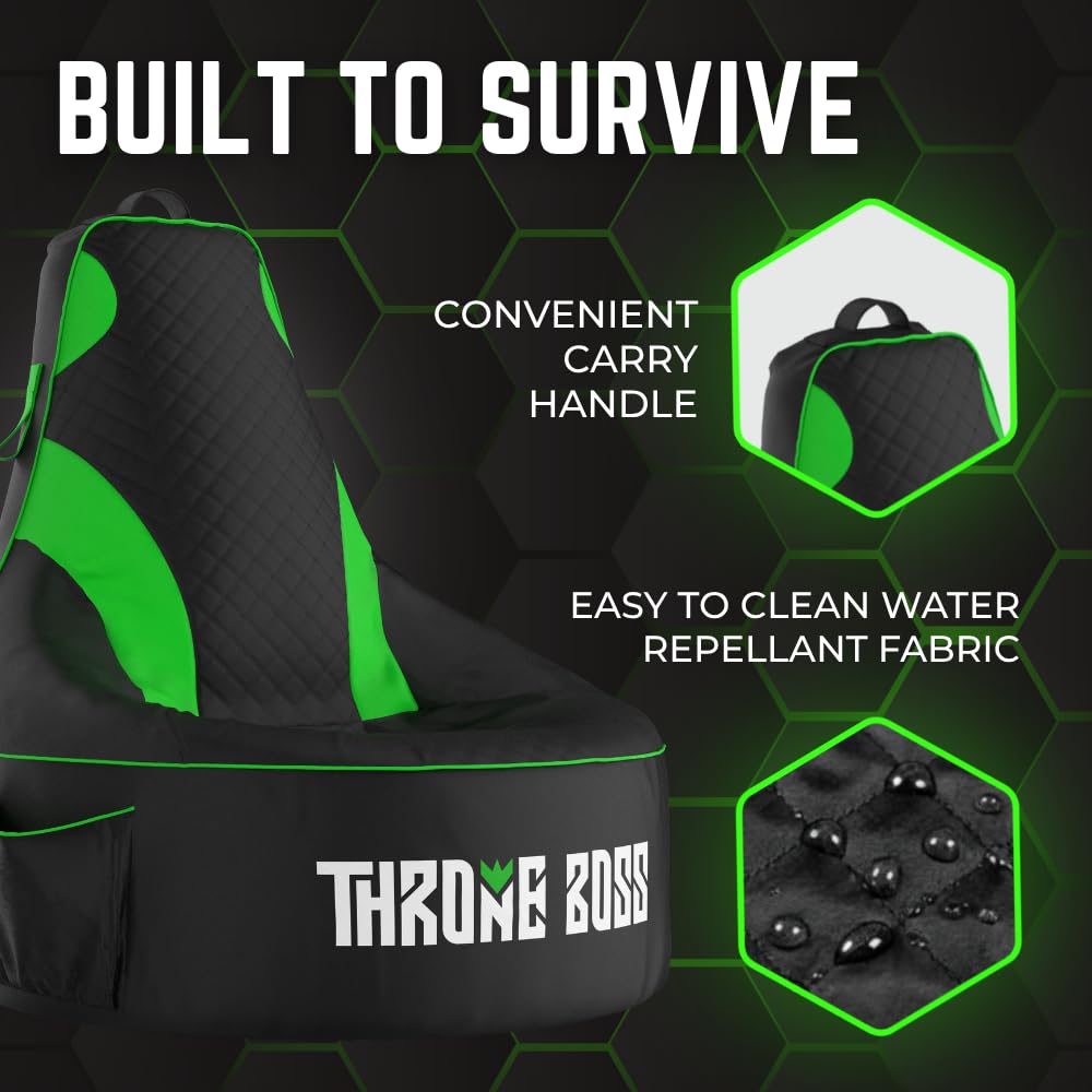 Throne Boss Gaming Bean Bag Chair Cover for Kids with High Back, Green – Gamer chair for kids with 2 x Large Side Pockets, Headphone Hanger, Easy to Clean Fabric, requires 200 Liters Polystyrene Beans