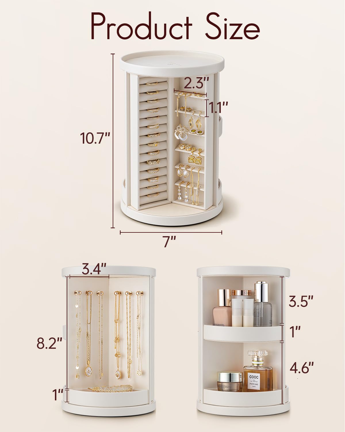 VLANDO 360°Rotating Jewelry Box,Earring Organizer Large Vertical Jewelry Organizer with 6 Necklace Hooks, Open Ring Display Storage for Women - Cream White