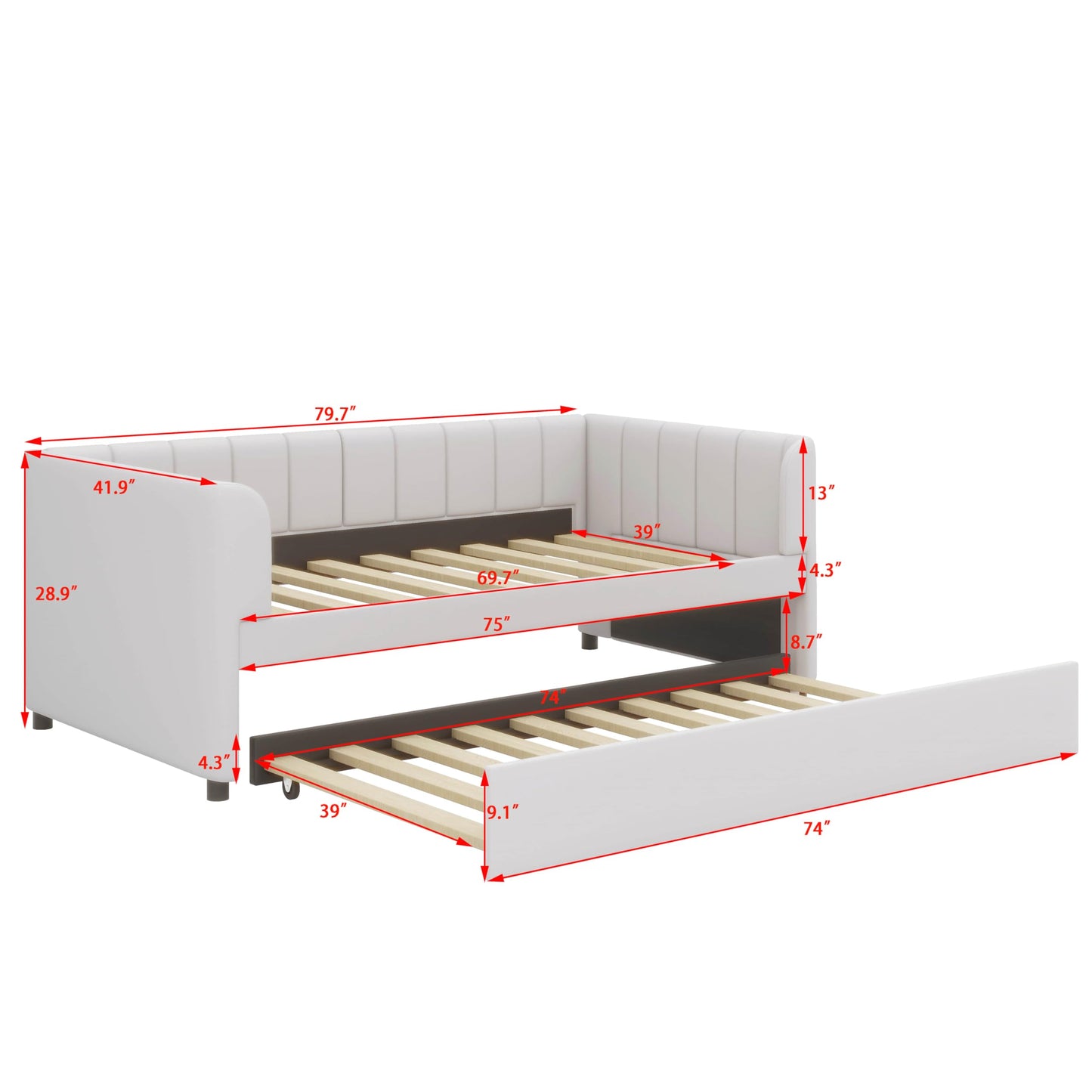 YunNianYang Twin Size Upholstered Daybed Frame with Ergonomic Design Backrest and Trundle (Beige)