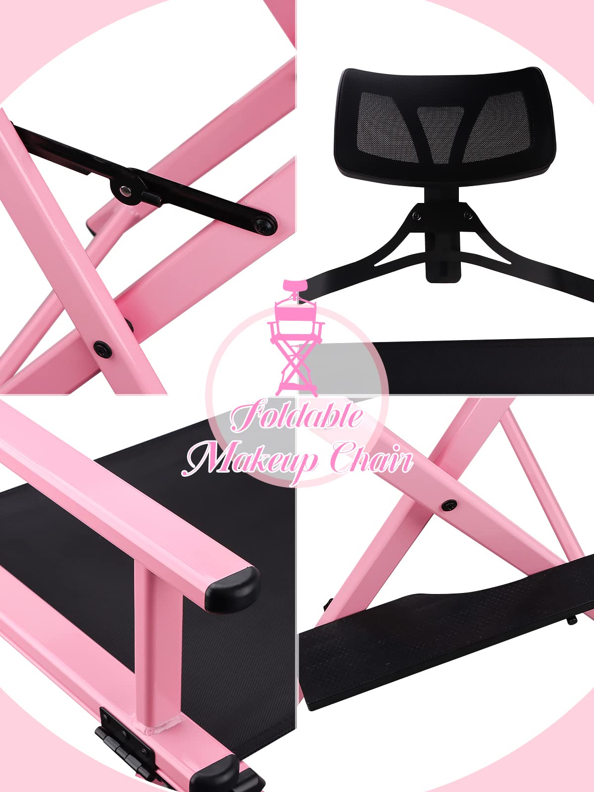 Lorvain Pink Foldable Makeup Artist Stool Chair, Aluminum Makeup Chair with Head Rest for Studio Salon Vanity, Bar Height