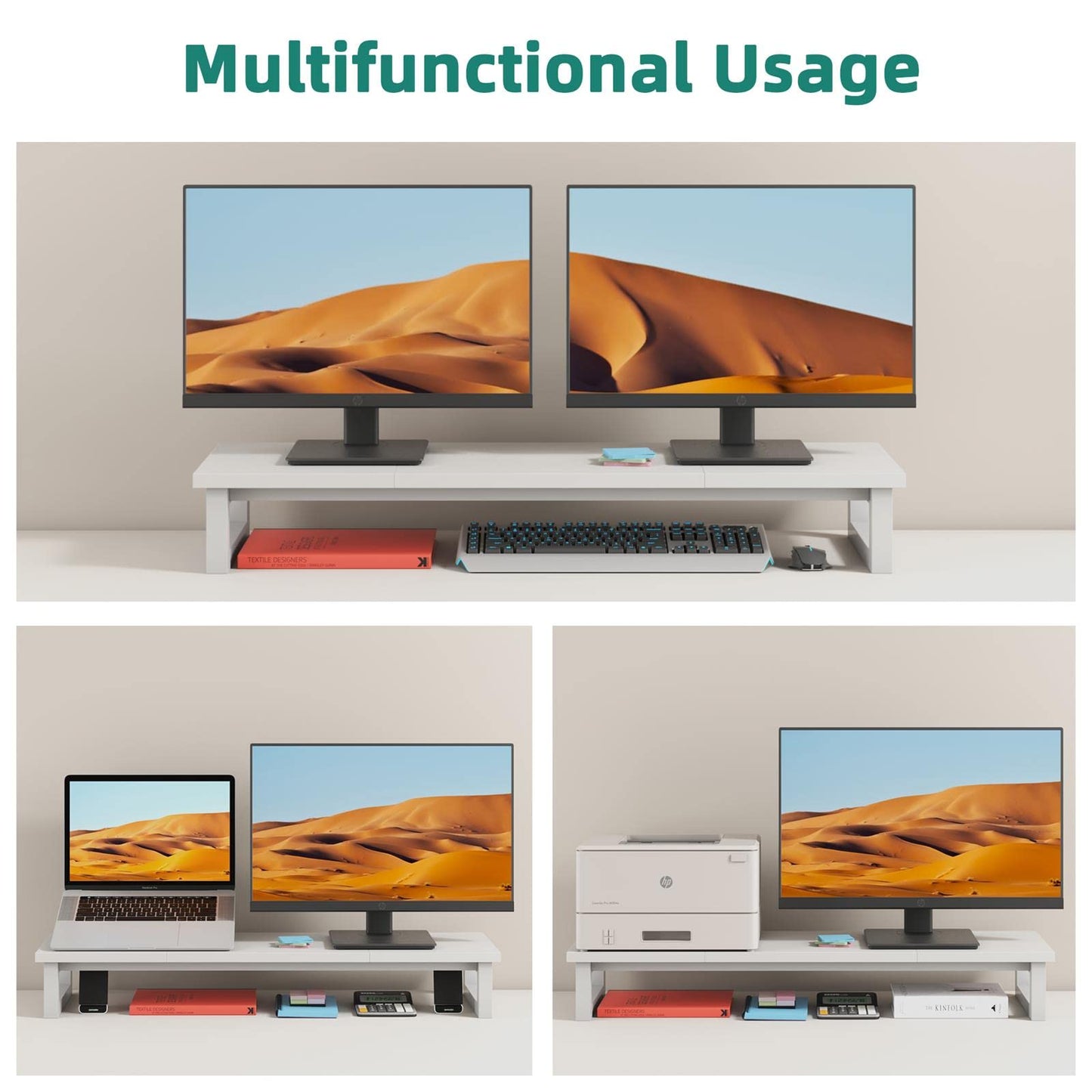 YAOHUOO Dual Monitor Stand Riser, 39Inch Large Monitor Stands for 2 Monitors, Computer Monitor Stand, Wooden Desktop Oraganizer Shelf for Office Desk Computer,Laptop,TV
