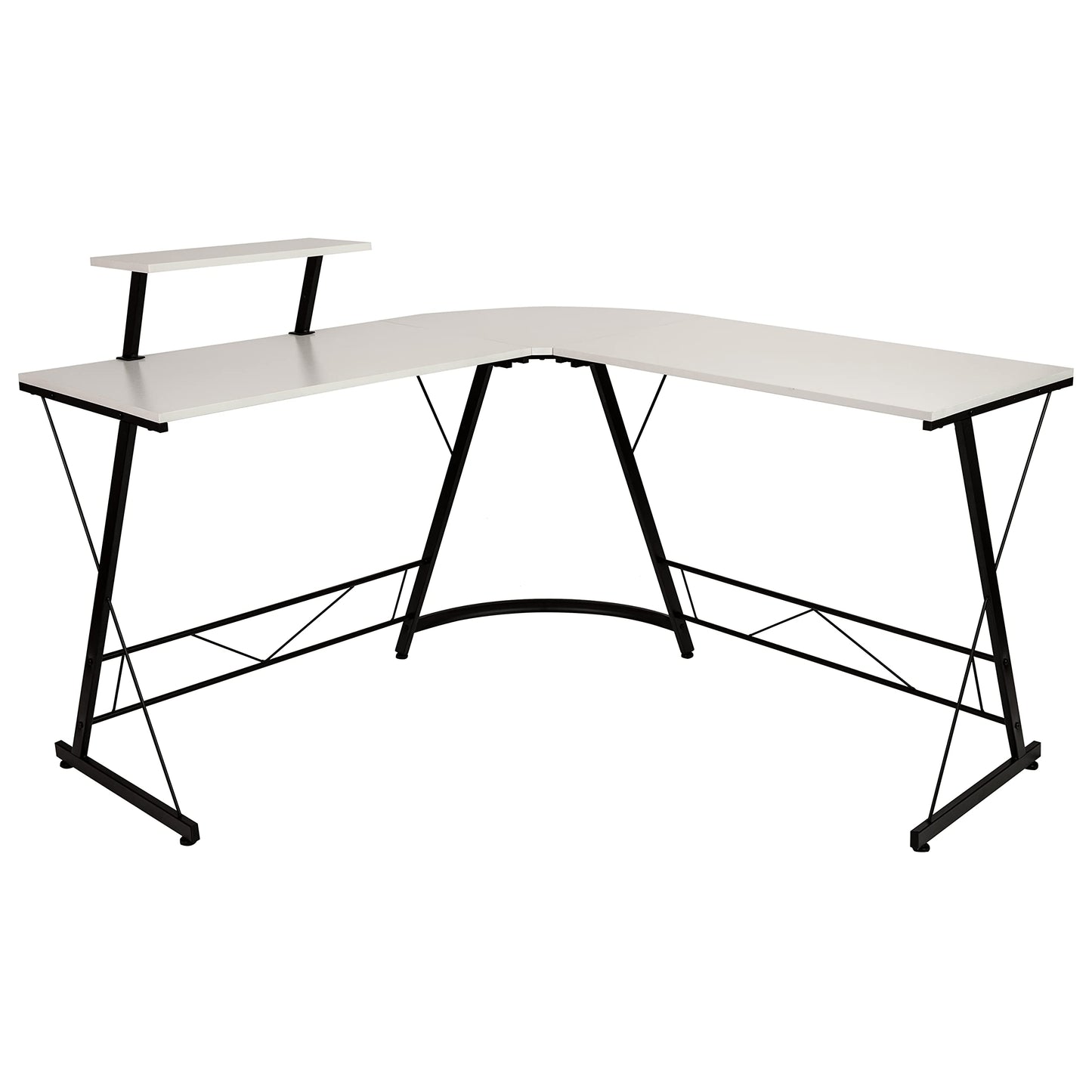 Flash Furniture Ginny Corner Desk - White/Black Space Saving L-Shaped Gaming Desk with Monitor Shelf - 71.5" 2-Tier Computer Desk, Home Office Desk, Easy Assembly
