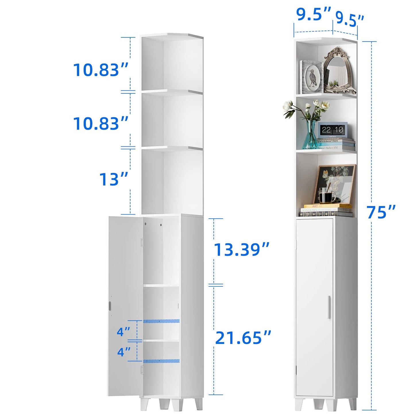 MOHOPE Corner Shelf with Cabinet, 74.8" Tall Corner Cabinet with Door, 5-Tier Narrow Bookshelf with Adjustable Shelves, Display Cabinets for Living Room, Bathroom, Dining Room, Small Space, White