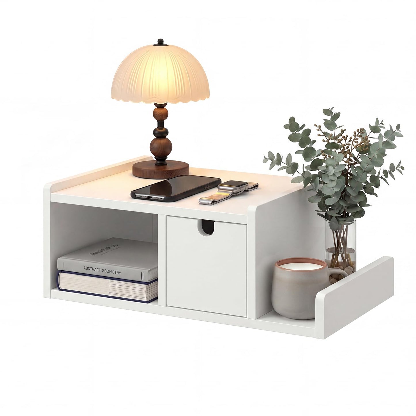 DongRong Floating Nightstand Wall Mounted, Bedside Table with Drawer, Open Cubby & Reversible Side Shelf, Space-Saving Floating End Table for Bedroom/Living Room (White)