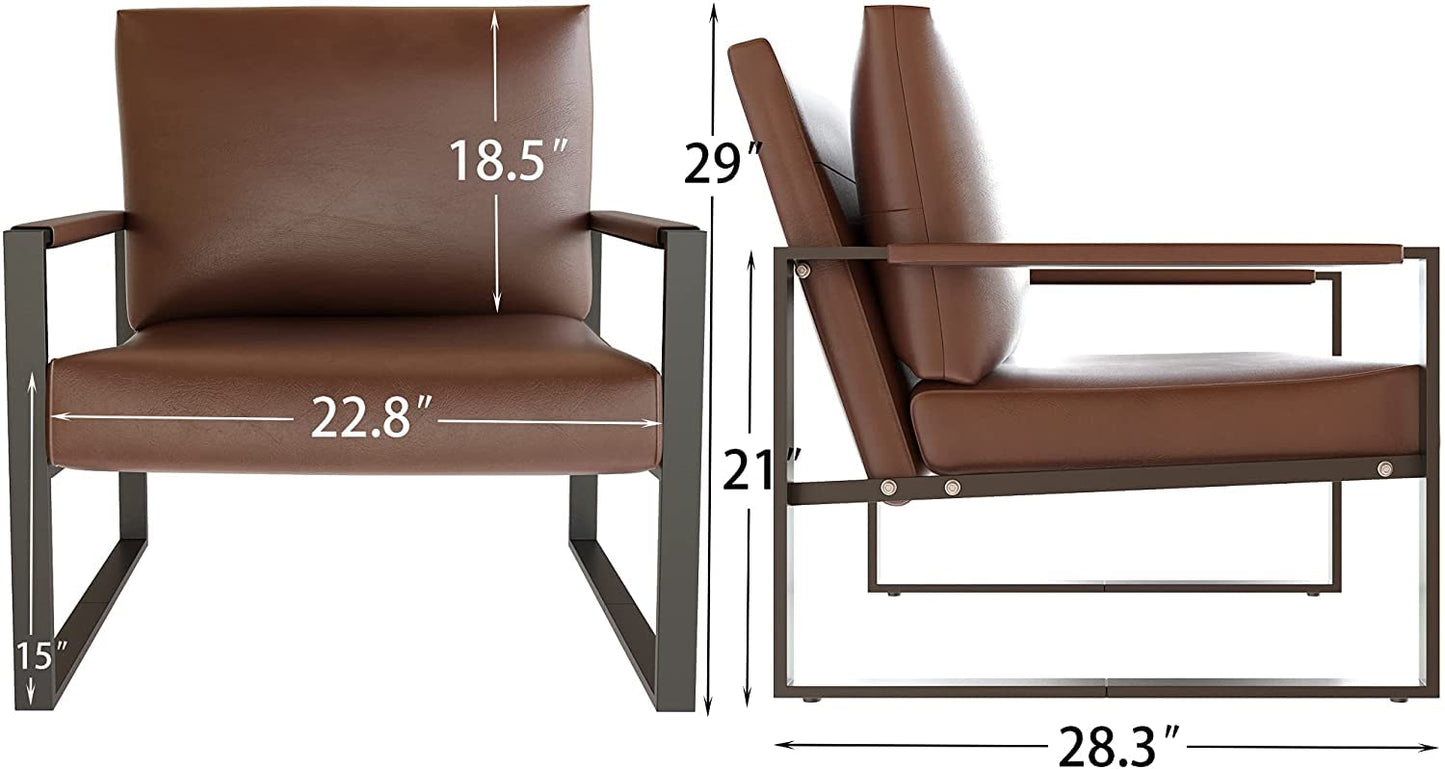 AWQM Modern PU Leather Accent Chair Arm Chair with Extra-Thick Padded Backrest and Seat Cushion Sofa Chairs for Living Room Bedroom, 105 Degree Slant Back, Non-Slip Adsorption Feet-Brown（Set of 1）