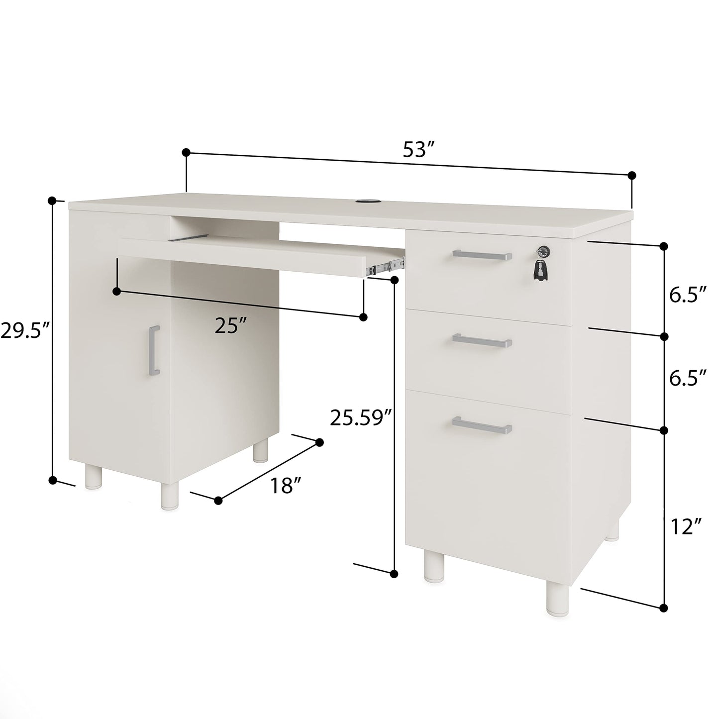 Modern Design Venice Computer Office Desk with 3 Locking Drawers and Storage Cabinet, 53 Inch Home and Office Executive White Desk with Keyboard Tray by Crafts and Comfort