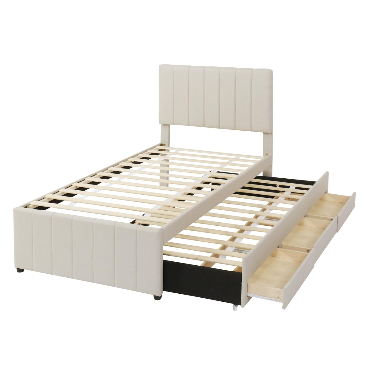 Merax Twin Size Bed Frame with Trundle and 3 Storage Drawers, Elegant Linen Upholstered Platform Bed with Stripe Headboard for Bedroom, Small Spaces, Solid Wood Slats Support, Easy Assembly, Beige