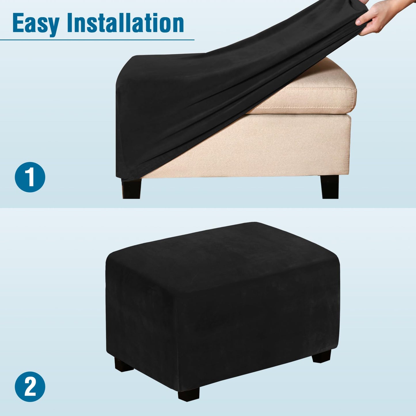 H.VERSAILTEX Real Velvet Plush 1 Piece Form Fit Stretch Rectangle Folding Storage Covers Ottoman Slipcovers Removable Footstool Protect Footrest Covers Elastic Bottom, Machine Washable(Large, Black)