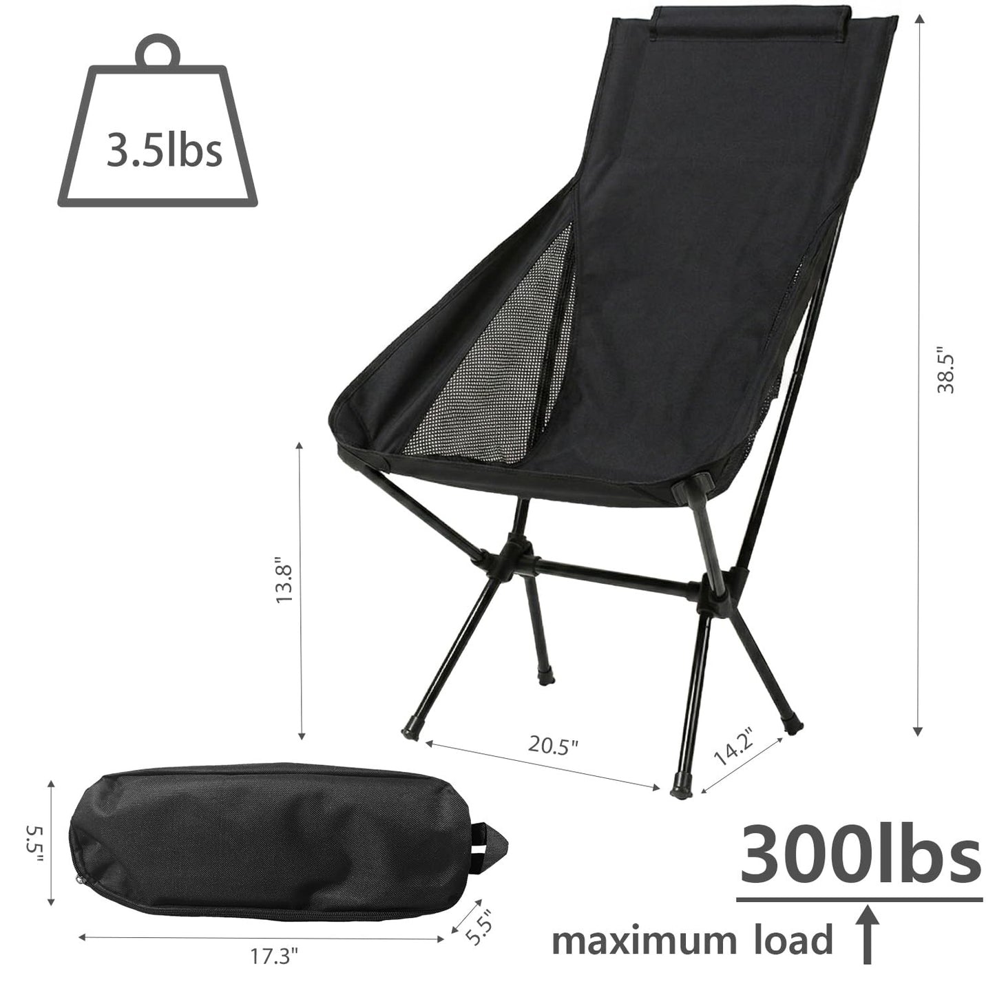 Wind Tour Portable Camping Chair Foldable Outdoor Chair for Hiking Camp Backpacking Lawn Beach Fishing Picnic with Carry Bag (High-Back | Black)