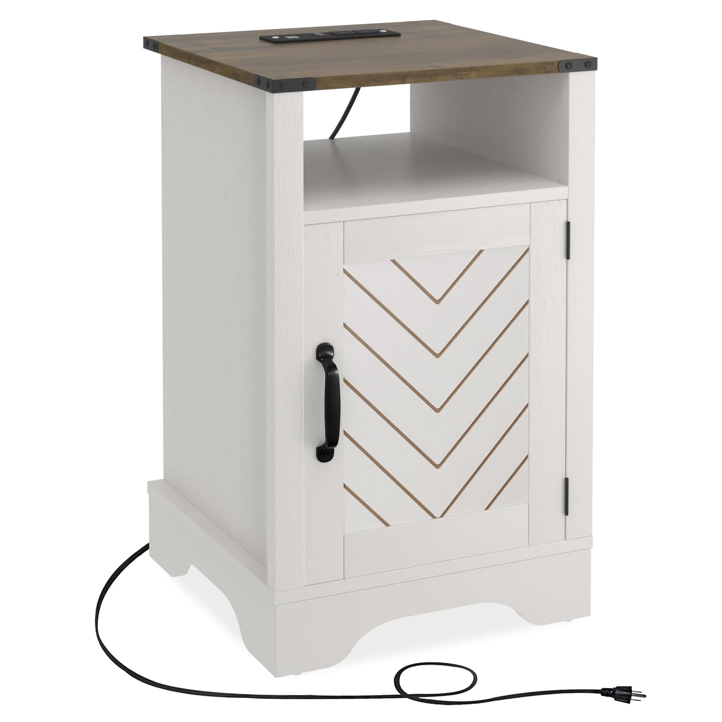 RoyalCraft Farmhouse Nightstand, End Table with Charging Station, Tall Bedside Table with Large Storage Room and Shelf, Wooden Rustic Side Table for Bedroom, Home Office, White and Rustic Oak