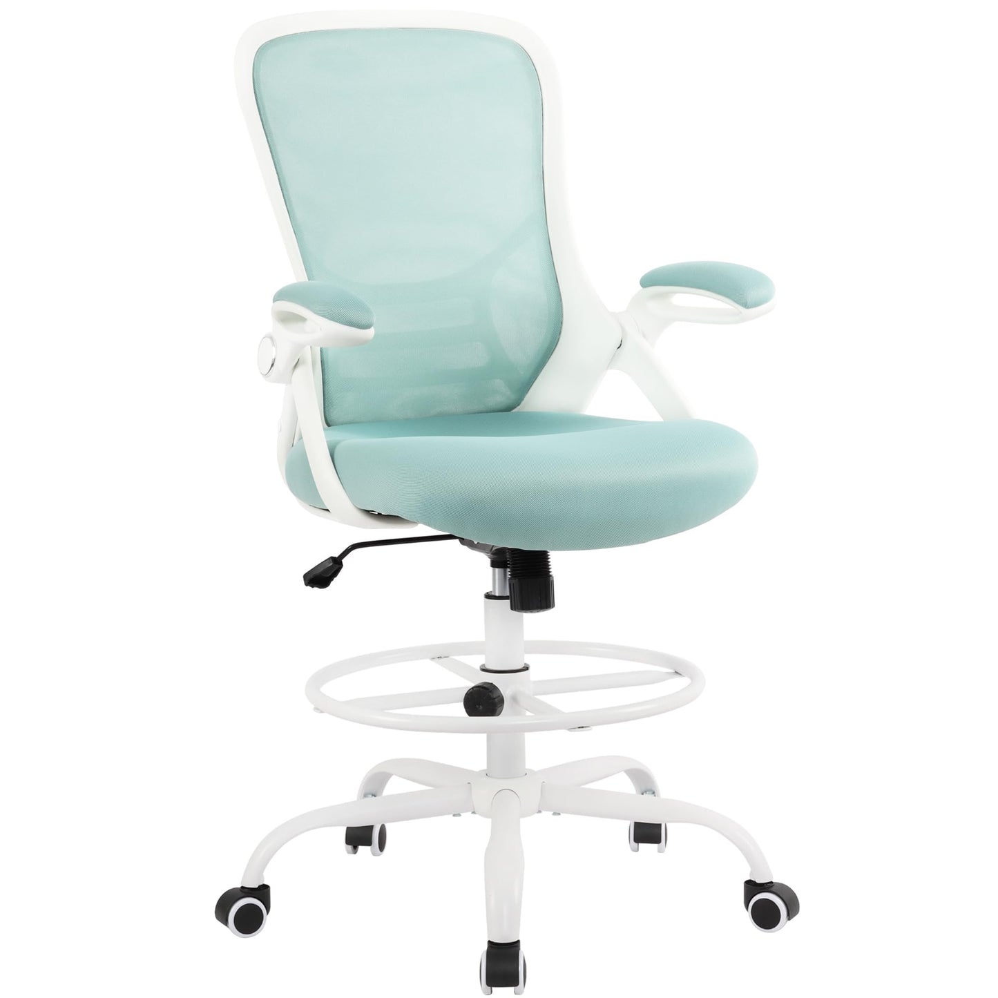 HYLONE Drafting Chair Tiffany Blue, Tall Office Chair Standing Desk Stool with Adjustable Height, Foot Ring, Flip-Up Arms, Mesh High-Back Office Chair, White