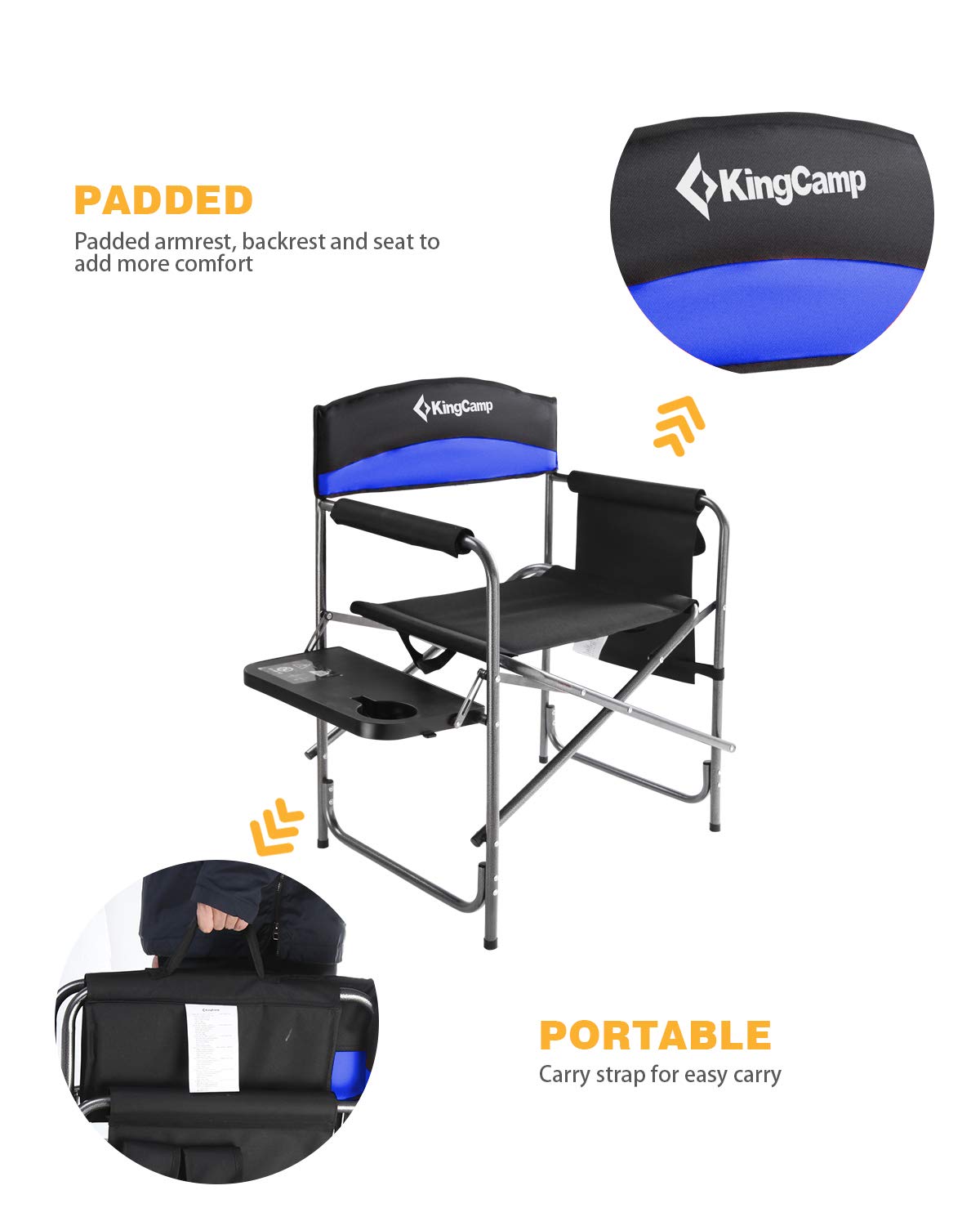 KingCamp Portable Camping Chair, Folding Directors Chair Compact Outdoor Chair with Side Table Cup Holder for Beach Trip Tailgating Lawn Sports Backpacking Fishing Picnic, Blue
