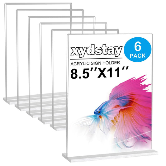xydstay 6pack Acrylic Sign Holder 8.5 X 11, Vertical T Shape Clear Plastic Sign Holder, Menu Holder, Table Display Stand for Restaurant, Office, School, Store and Home Use