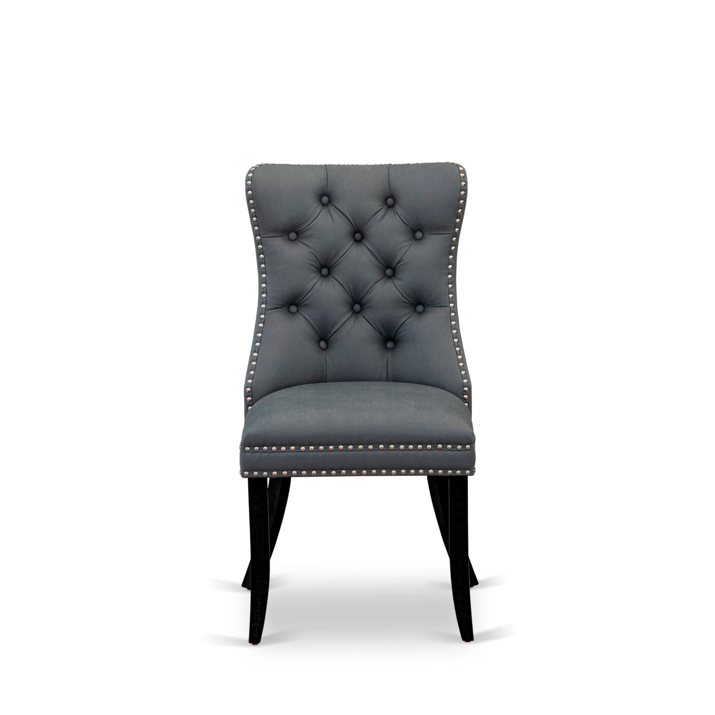 East West Furniture DAP6F13 Dallas Parsons Dining Chairs - Button Tufted Nailhead Platinum Gray Polyester Fabric Padded Chairs, Set of 2, Wirebrushed Black