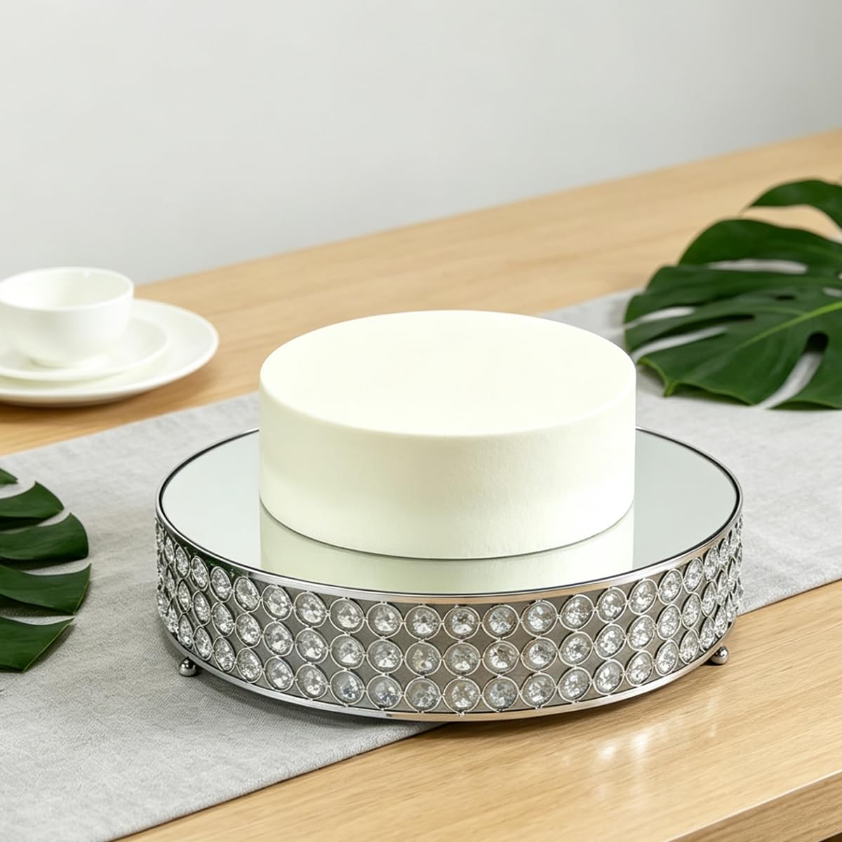 FEICTPOX Metal Cake Stand with Beaded Crystal Display Cake Pedestal,Baking Party Supplies Centerpiece,Silver 16 Inch