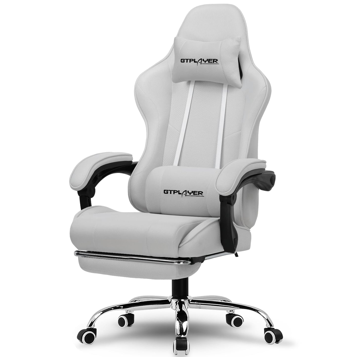 GTPLAYER Gaming Chair with Footrest, Computer Chair with and Lumbar Support, Height Adjustable Game Chair with 360°-Swivel Seat and Headrest and for Office or Gaming (All Light Gray-Fabric)