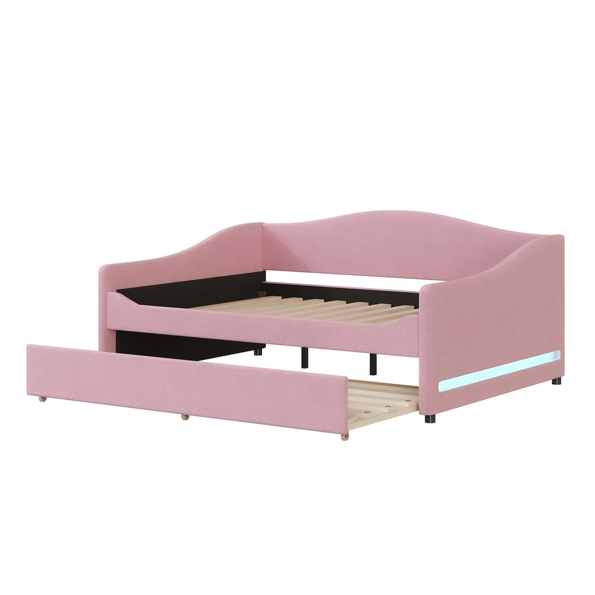 Acosure Teddy Fleece Full Size Upholstered Daybed with LED Light and Trundle,Modern Wood Platform Bed W/Side Stripes,Easy Assembly,for Bedroom,Living Room,Guestroom,Beige